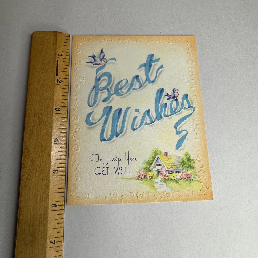 Vintage Get Well Card Best Wishes Blue Birds Cottage Embossed Unused‎ 1950s
